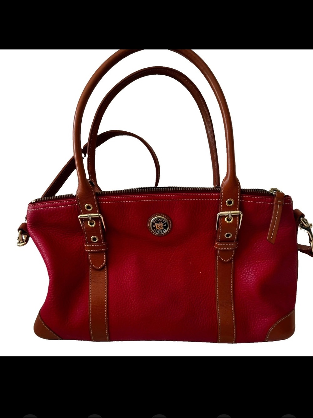 Dooney Bourke Vtg Large Domed Red Leather Satchel/Handbag w/Leather Trim & Strap